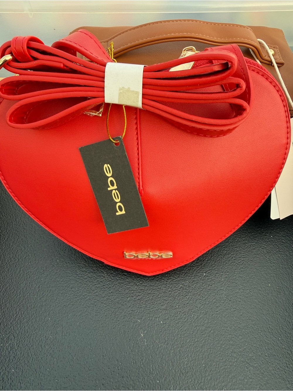 bebe Red Heart-Shaped Crossbody Bag with Bow Strap